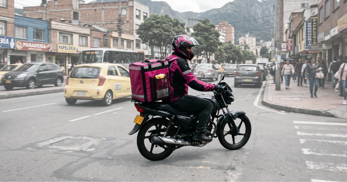 Rappitendero en Bogotá conduciendo su motocicleta con la maleta térmica de domicilios