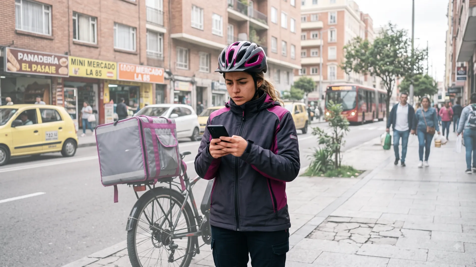 Repartidor de plataforma revisando su celular preocupado por sus derechos laborales