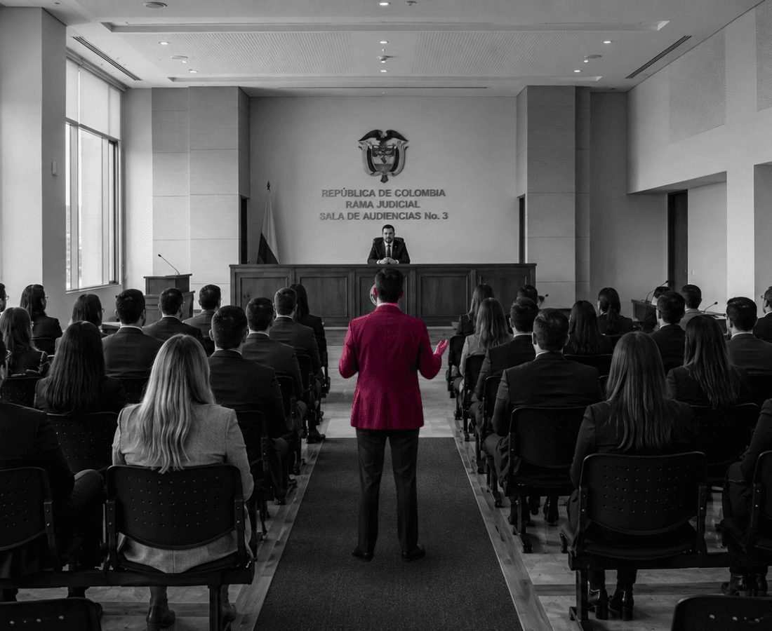 Entorno judicial — sala de audiencias representativa del litigio a escala